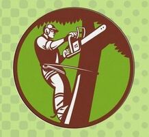 This is the logo for Tree Surgeon Gloucester. It shows a man up a tree with a chainsaw.